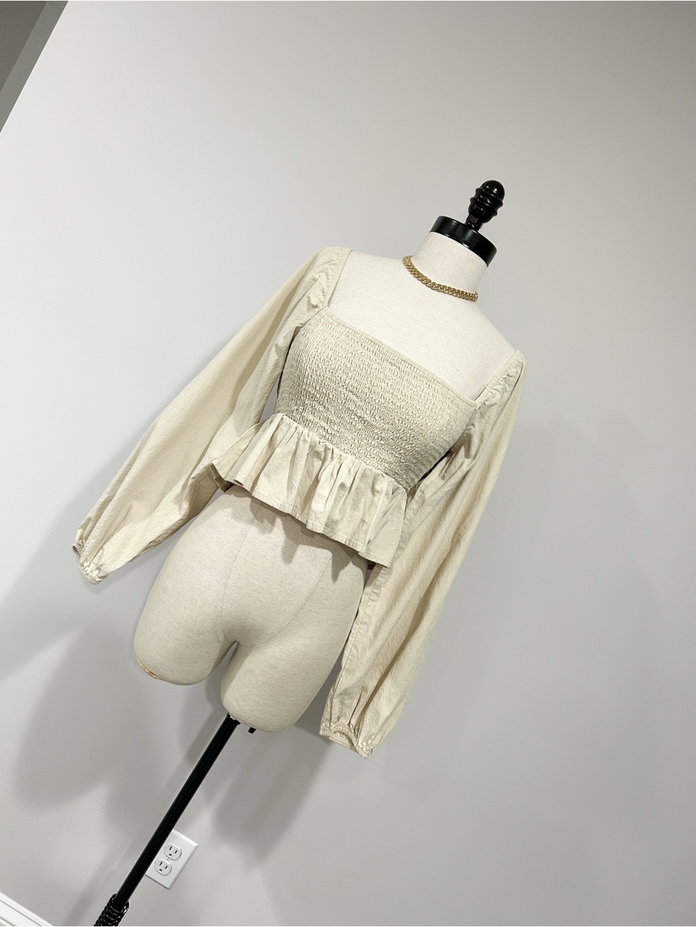 La Hearts Cream Smocked Peplum Square-Neck Top